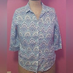 Chico's Size 1 Blue Teal Purple No Iron Button Front Shirt